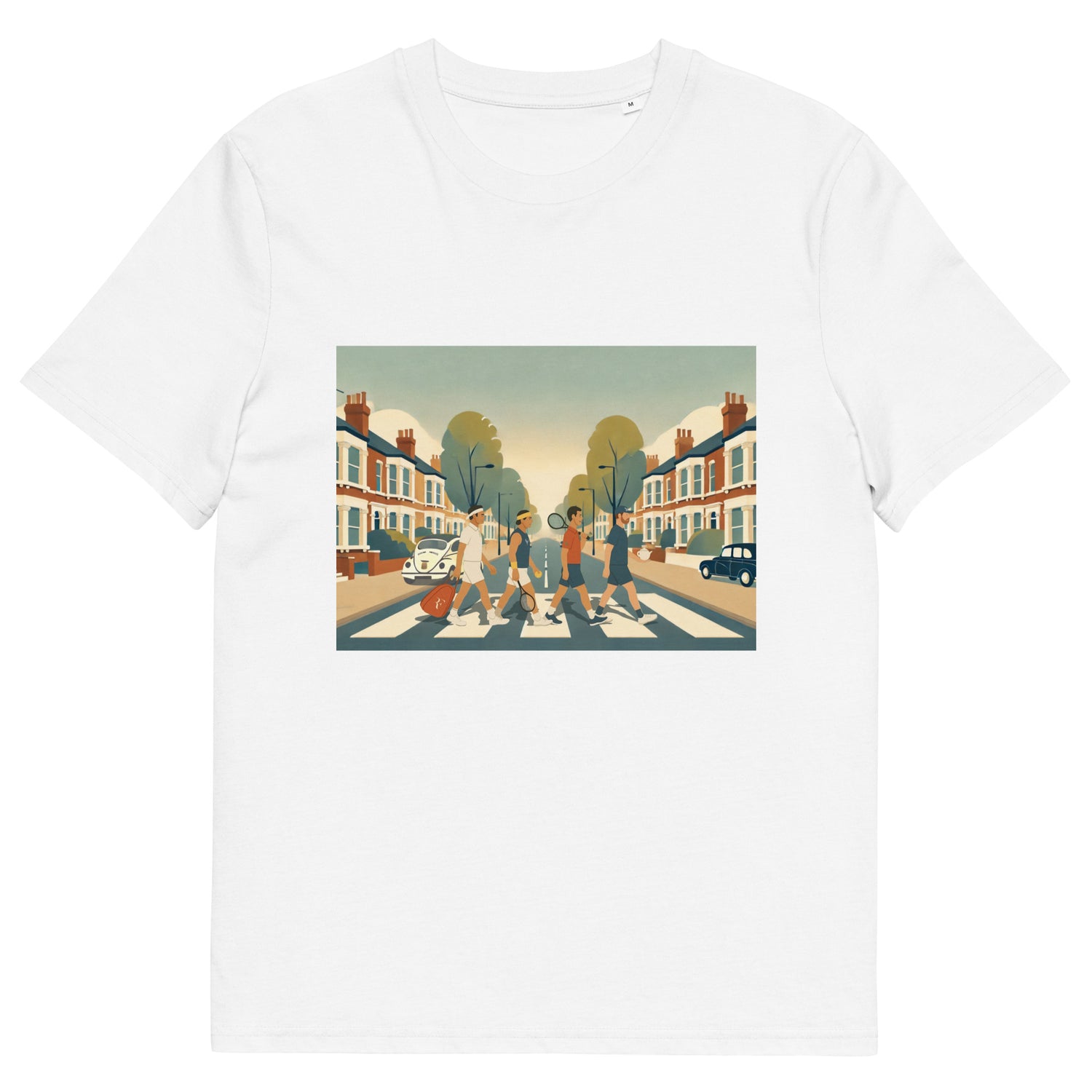 White organic classic-fit tee with “Big 4 Crossing” Abbey-Road-style print of Federer, Nadal, Djokovic &amp; Murray – front view