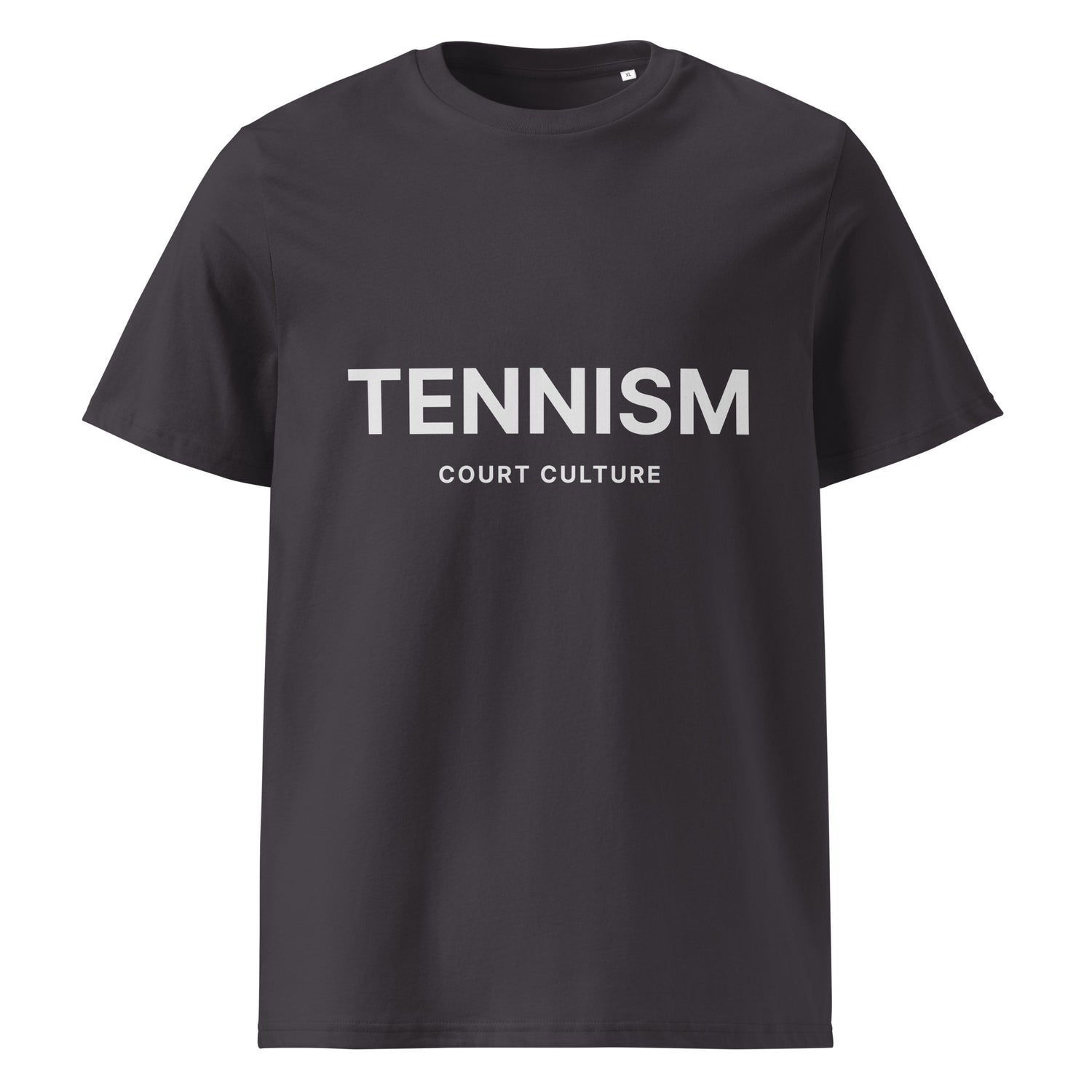  ANTHRACITE (dark grey) organic ribbed-neck tee with white “TENNISM – Court Culture” front print