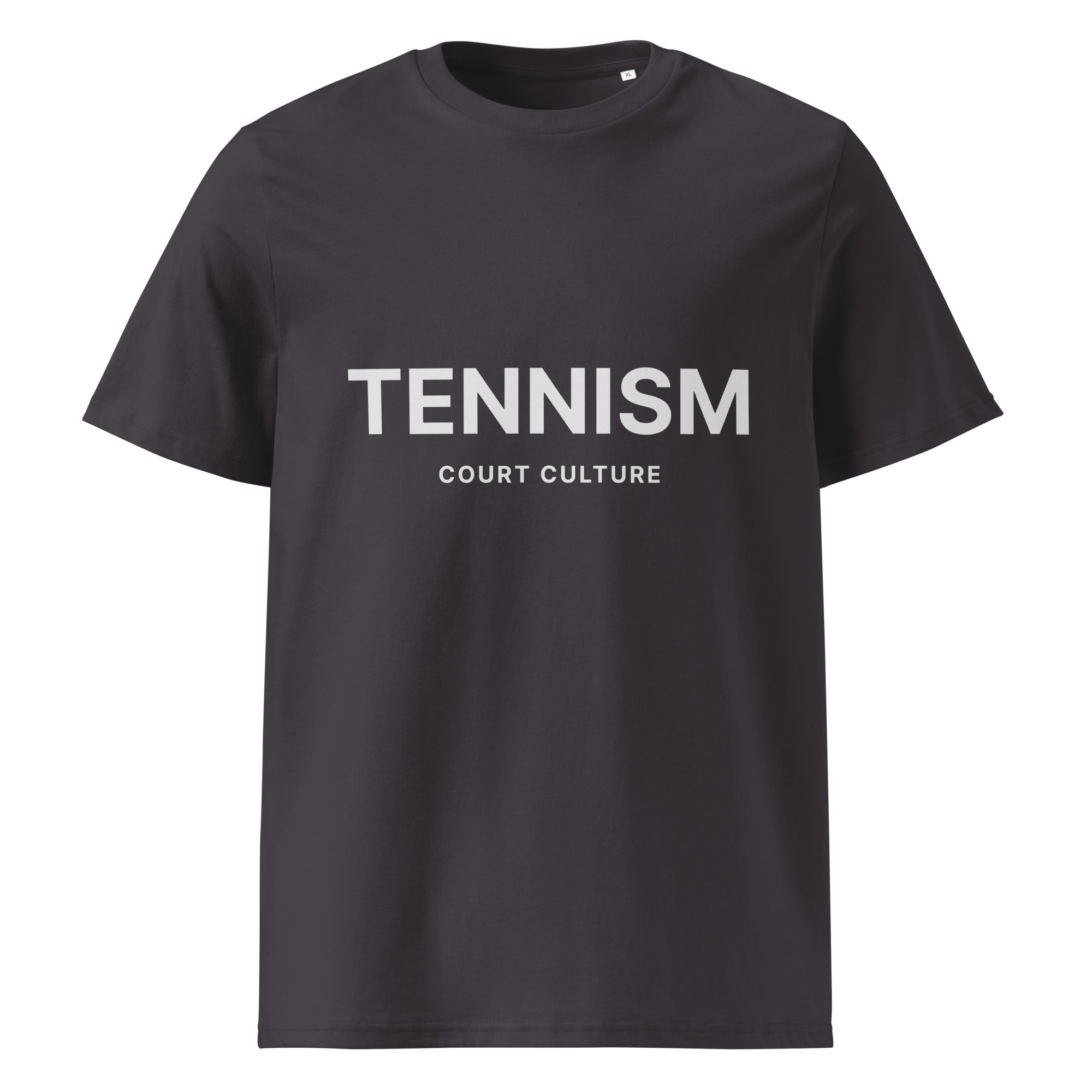  ANTHRACITE (dark grey) organic ribbed-neck tee with white “TENNISM – Court Culture” front print