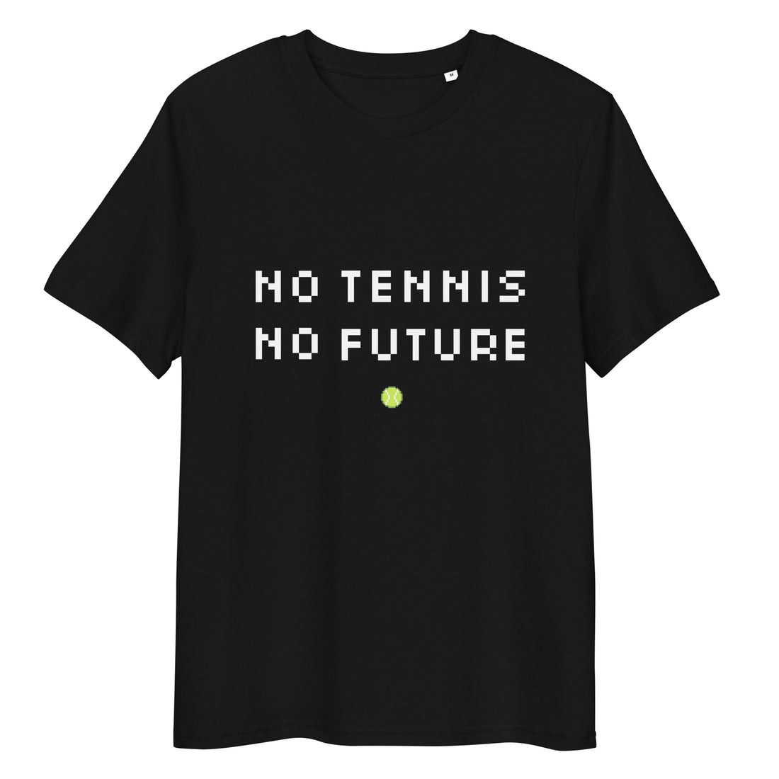 Black organic ribbed-neck tee with white “NO TENNIS NO FUTURE” text and neon-yellow dot – front view