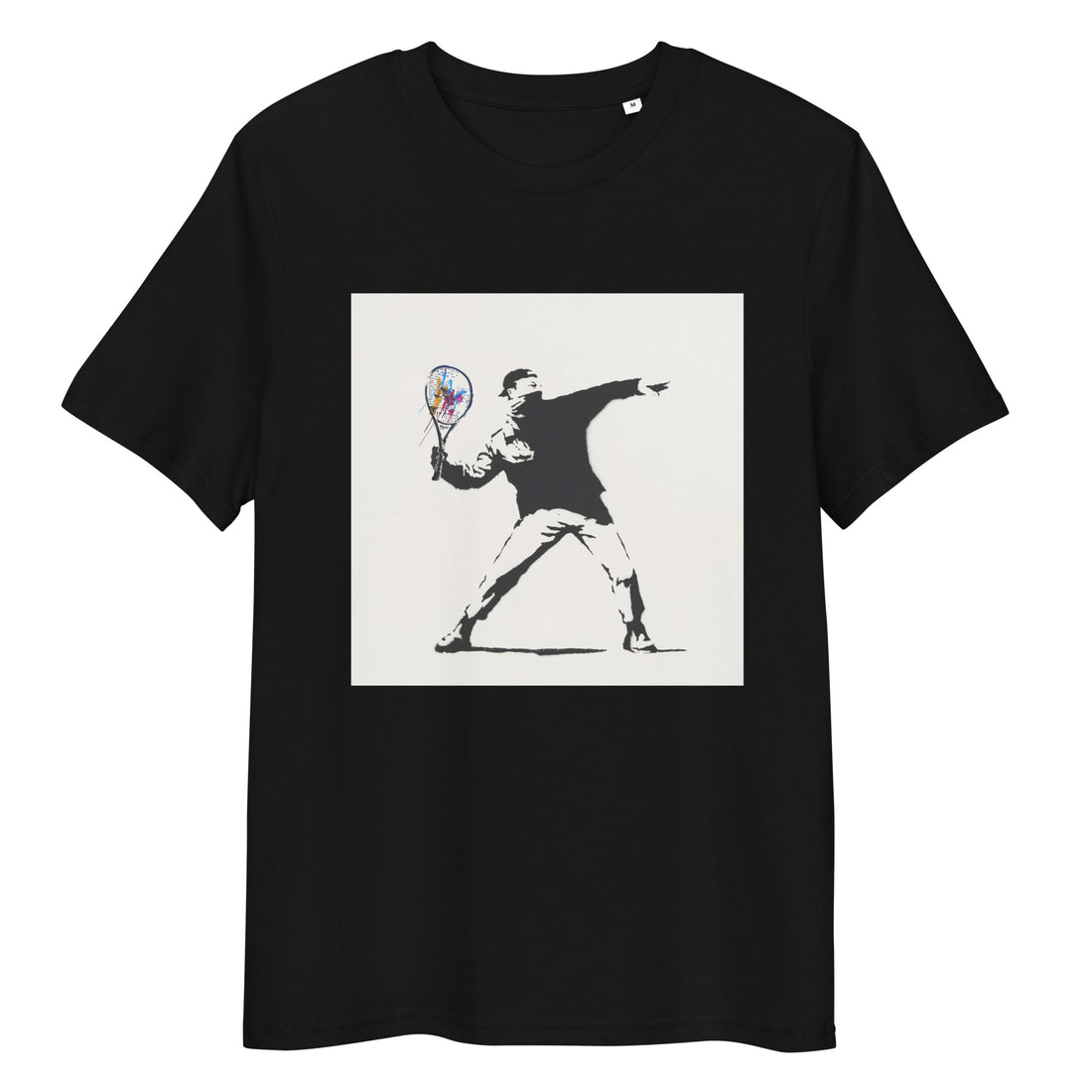 Black organic cotton tee with Banksy-style tennis player graphic – front view