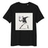Black organic cotton tee with Banksy-style tennis player graphic – front view