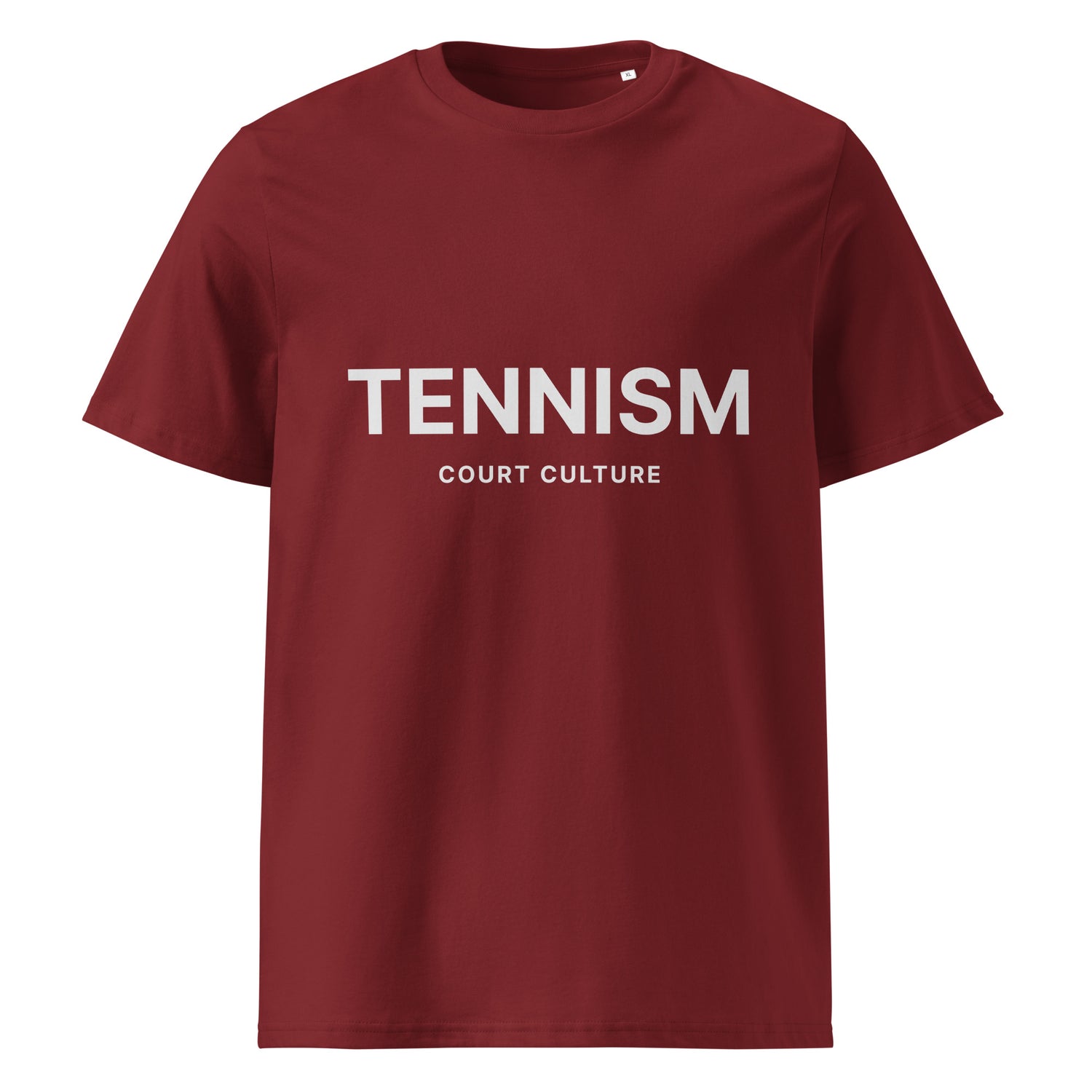 Burgundy organic ribbed-neck tee with white “TENNISM – Court Culture” front print