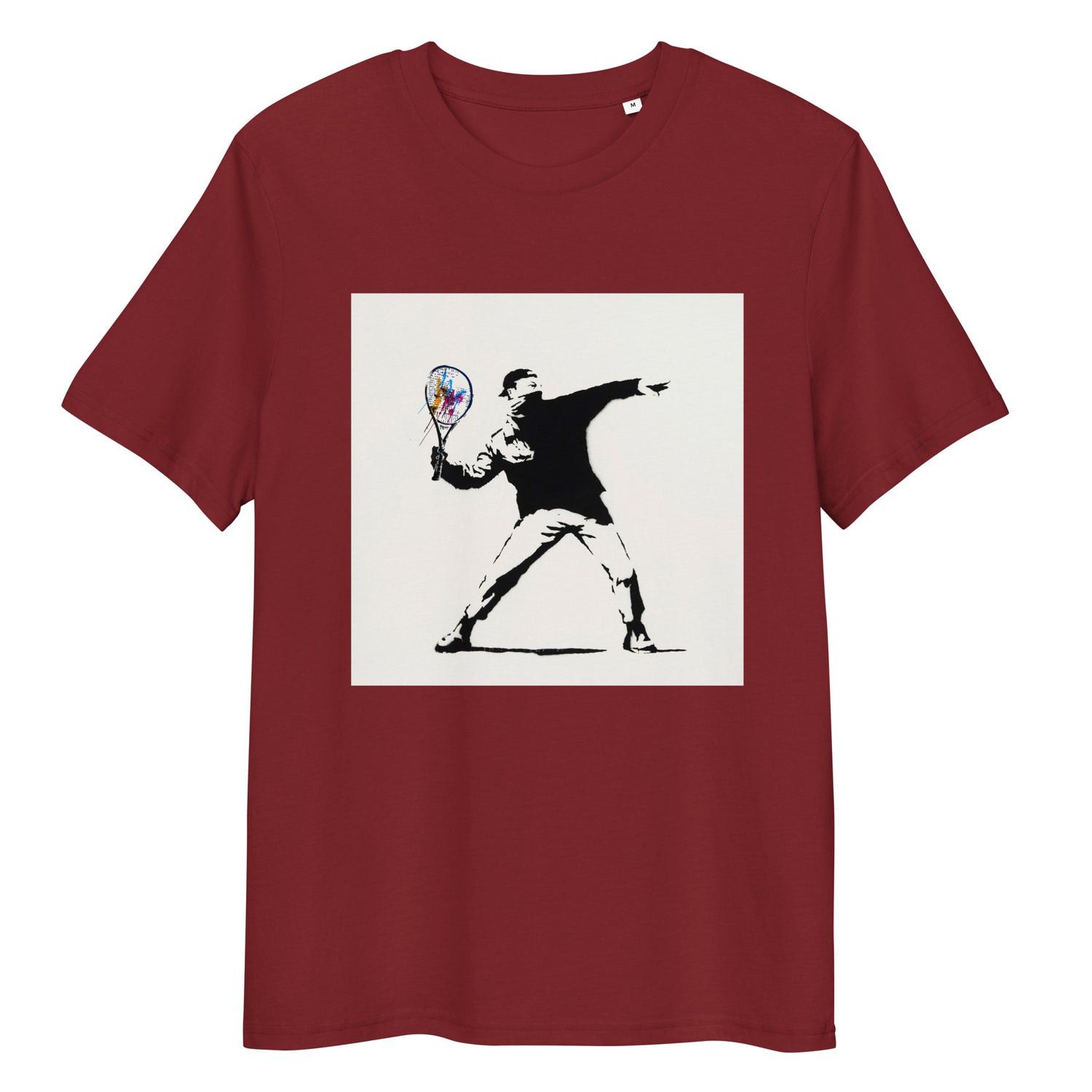 Burgundy organic cotton tee with Banksy-style tennis player graphic – front view