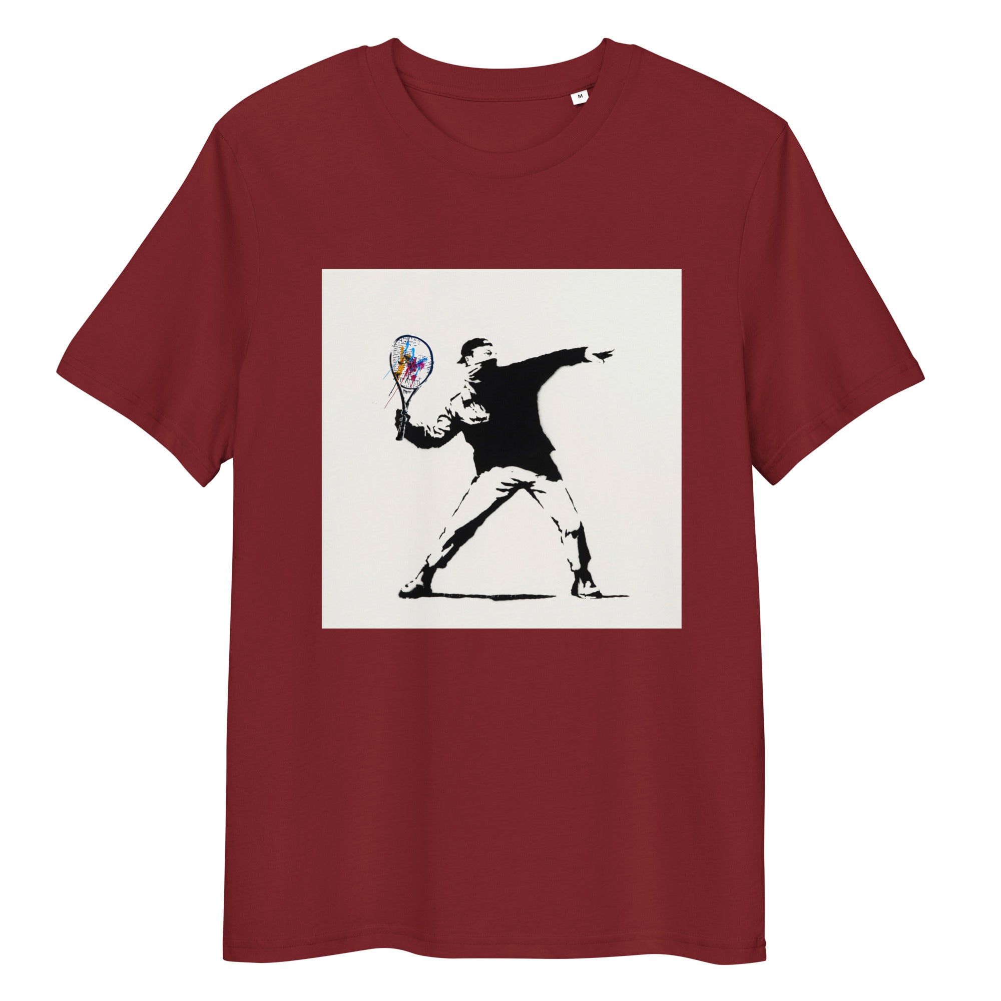 Burgundy organic cotton tee with Banksy-style tennis player graphic – front view
