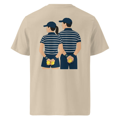 Desert Dust (beige) organic ribbed-neck tee with Ball Kids back print – flat lay, back view