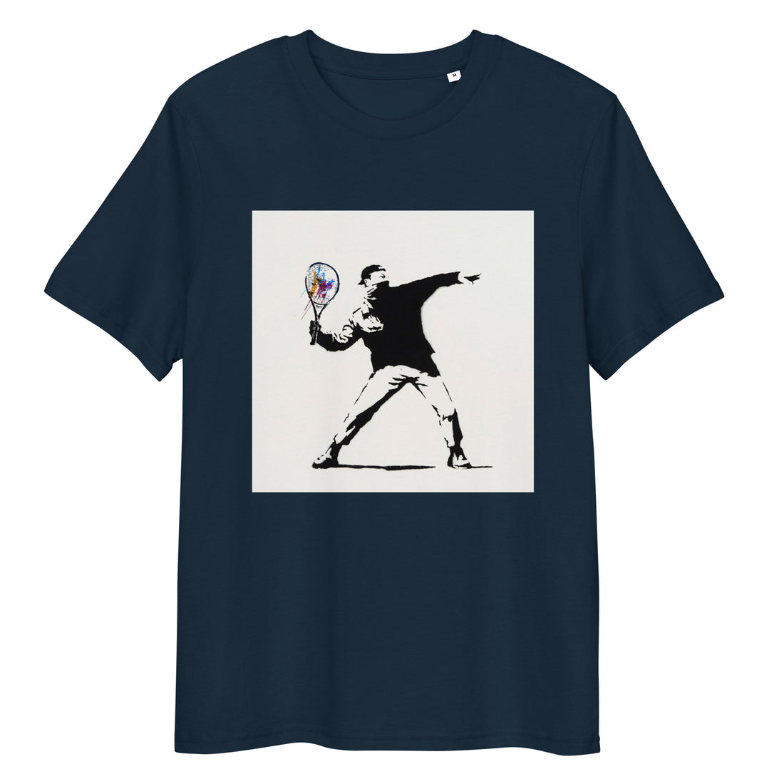 French Navy organic cotton tee with Banksy-style tennis player graphic – front view