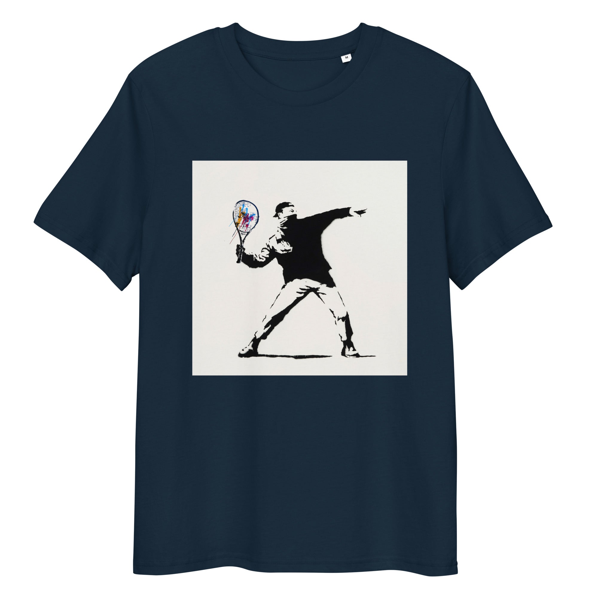 French Navy organic cotton tee with Banksy-style tennis player graphic – front view
