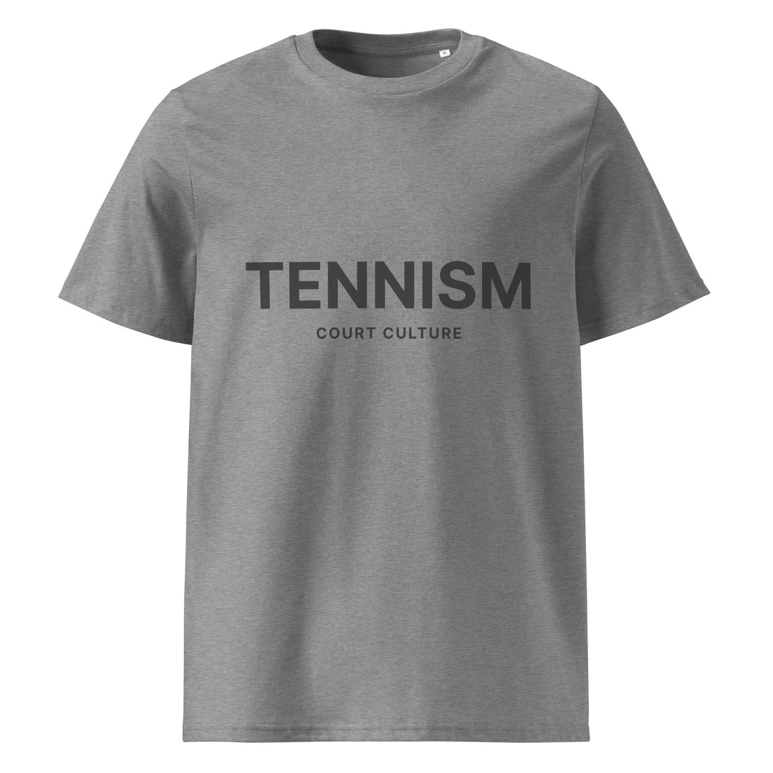 HEATHER GREY (Light-grey) organic ribbed-neck tee with black “TENNISM – Court Culture” front print