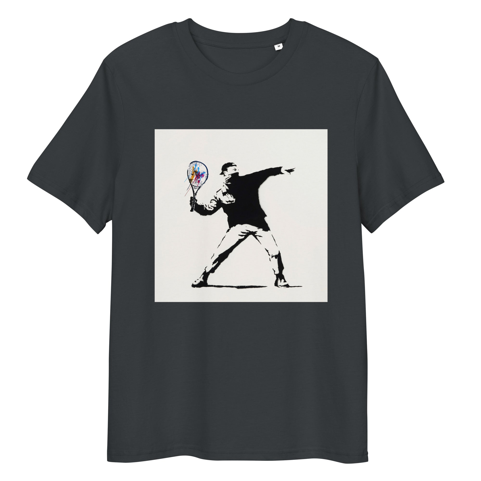 India Ink Grey organic cotton tee with Banksy-style tennis player graphic – front view