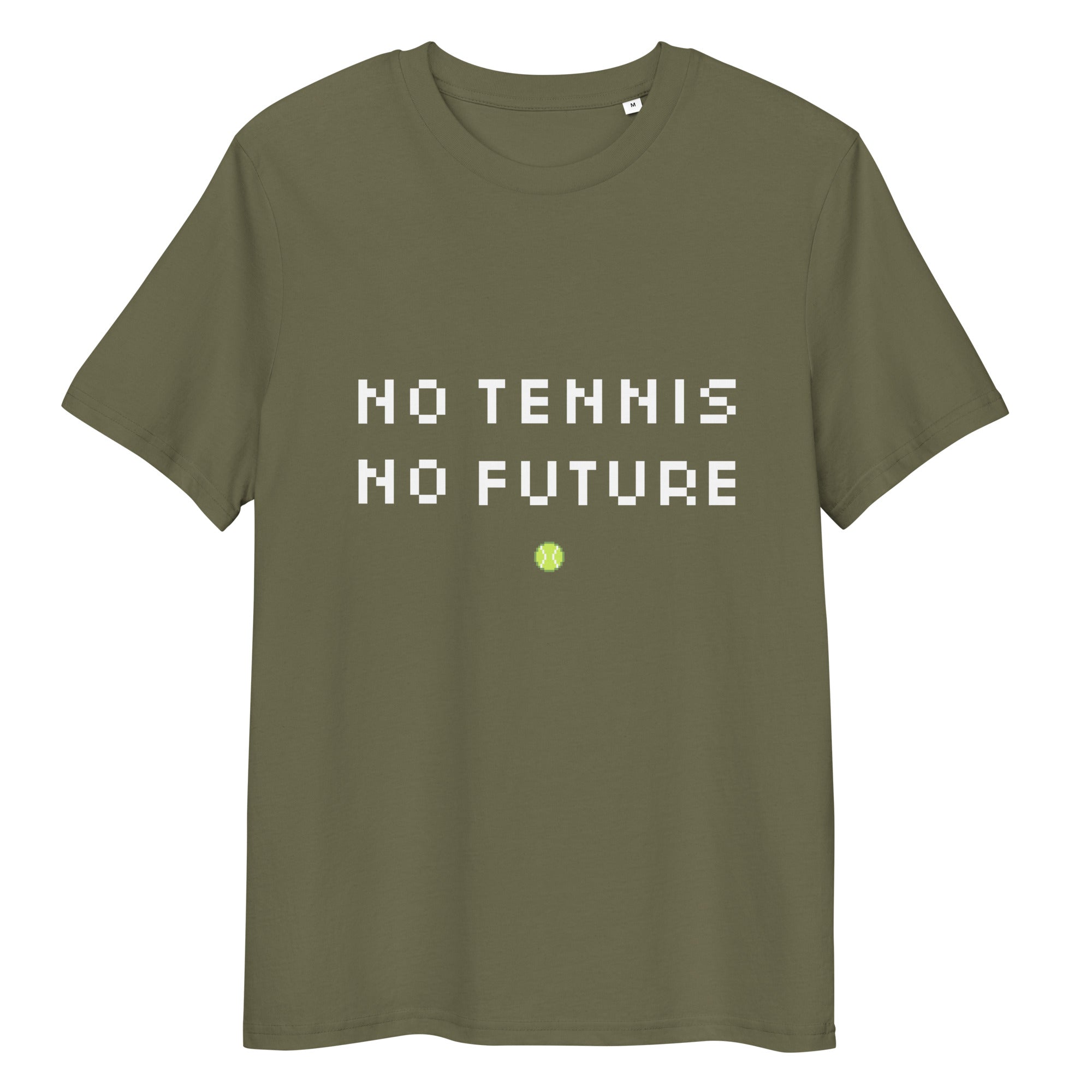 Khaki (Olive) organic ribbed-neck tee with white “NO TENNIS NO FUTURE” text and neon-yellow dot – front view