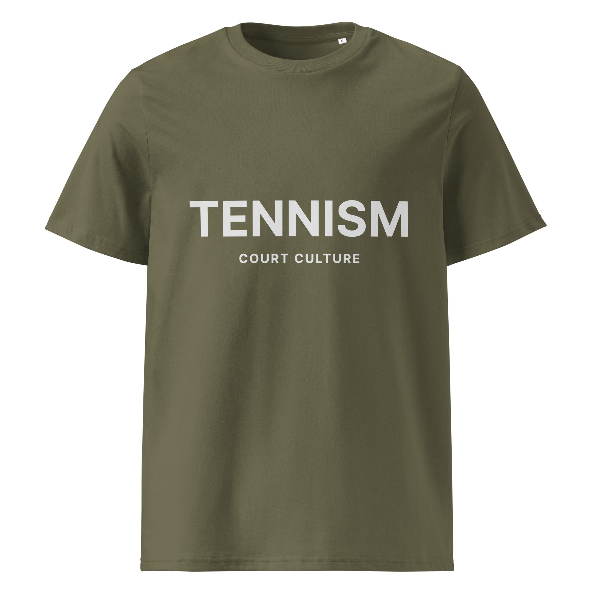 Khaki (Olive) organic ribbed-neck tee with white “TENNISM – Court Culture” front print