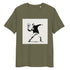 Khaki organic cotton tee with Banksy-style tennis player graphic – front view