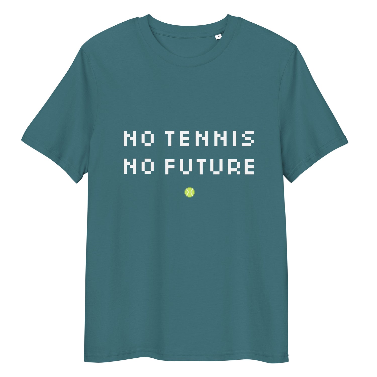 STARGAZER (Teal) organic ribbed-neck tee with white “NO TENNIS NO FUTURE” text and neon-yellow dot – front view