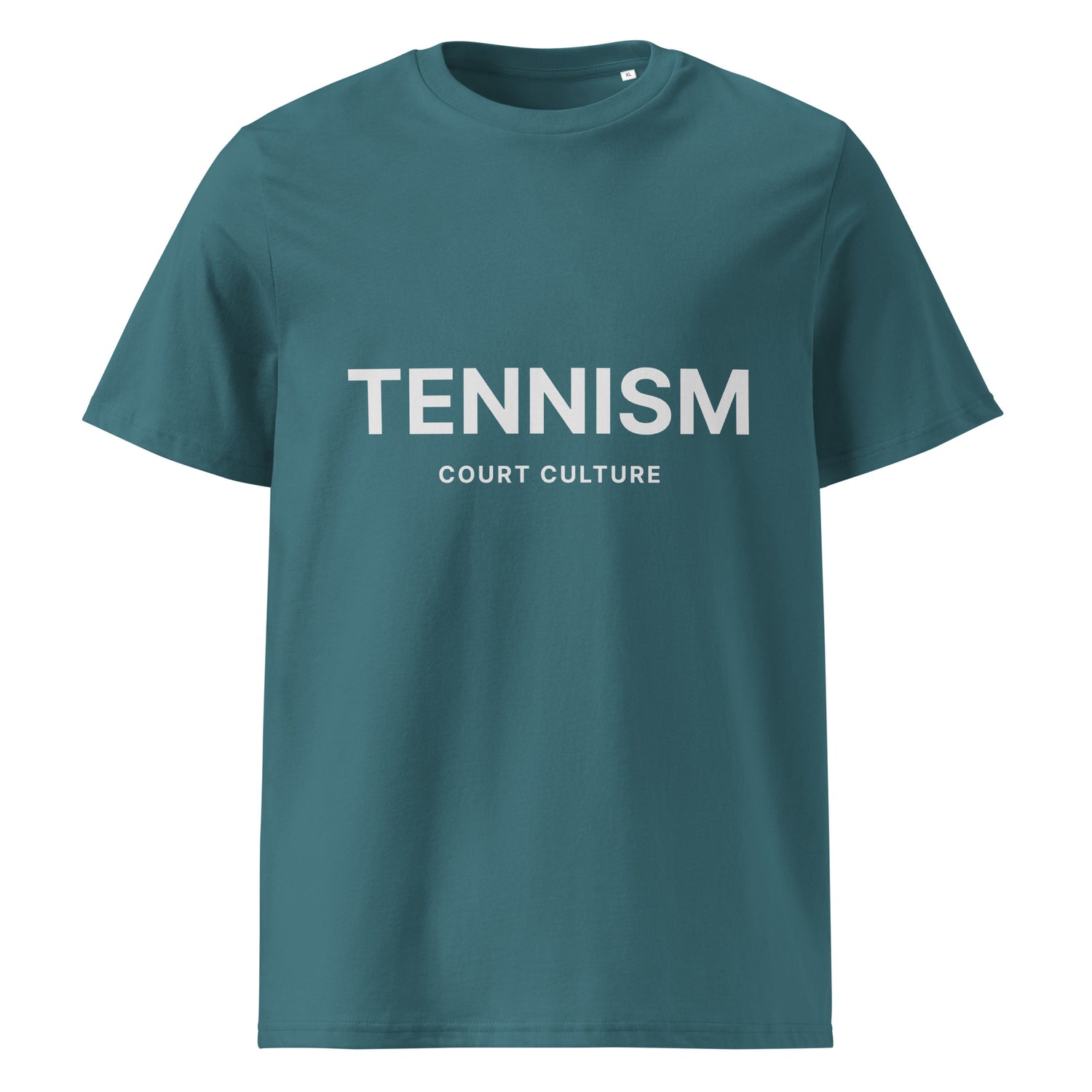 STARGAZER (Teal) organic ribbed-neck tee with white “TENNISM – Court Culture” front print