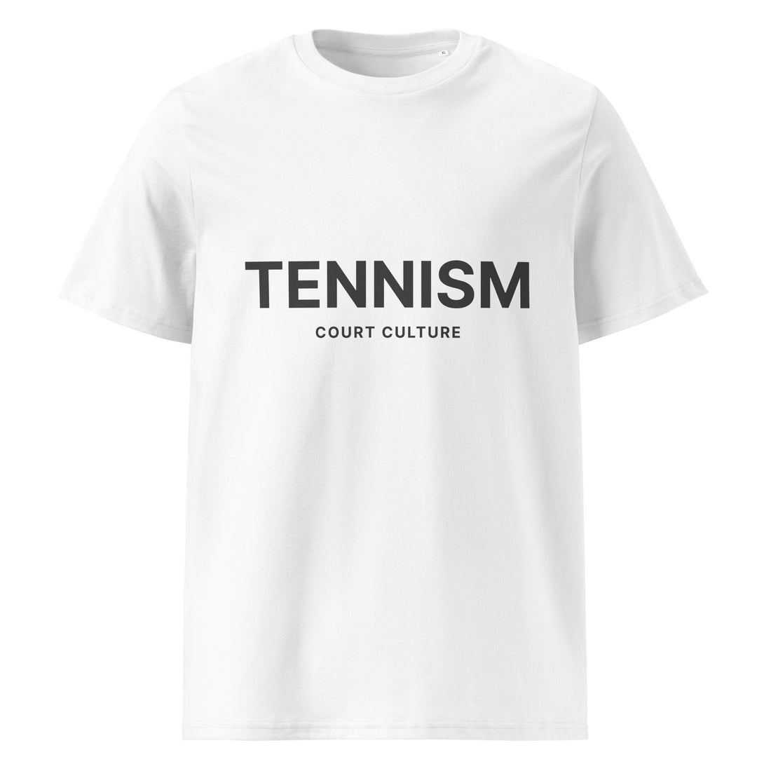 White organic ribbed-neck tee with black “TENNISM – Court Culture” front print
