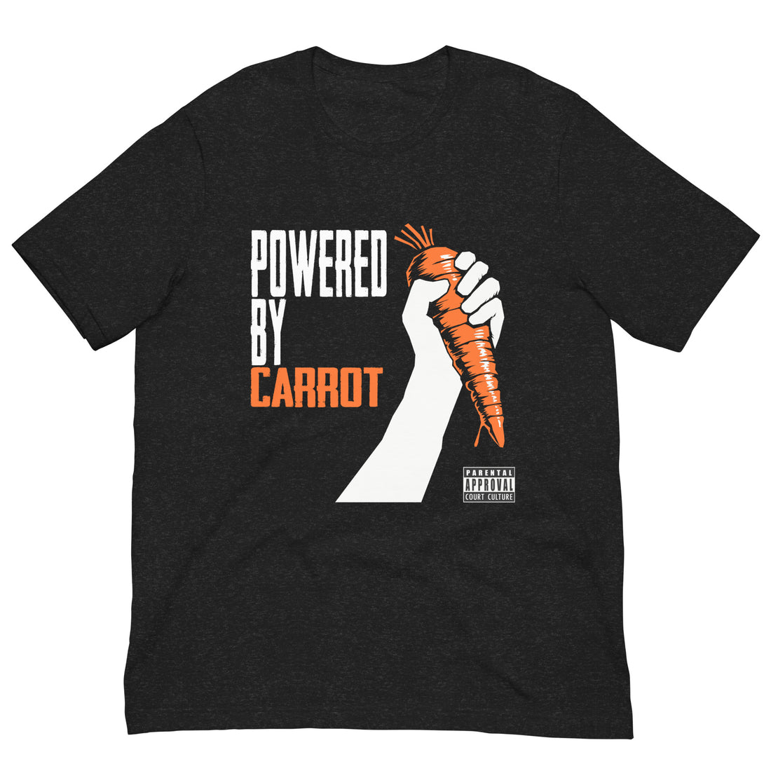Black HEATHER vintage tee with “Powered by Carrot” hand-and-carrot graphic – front view