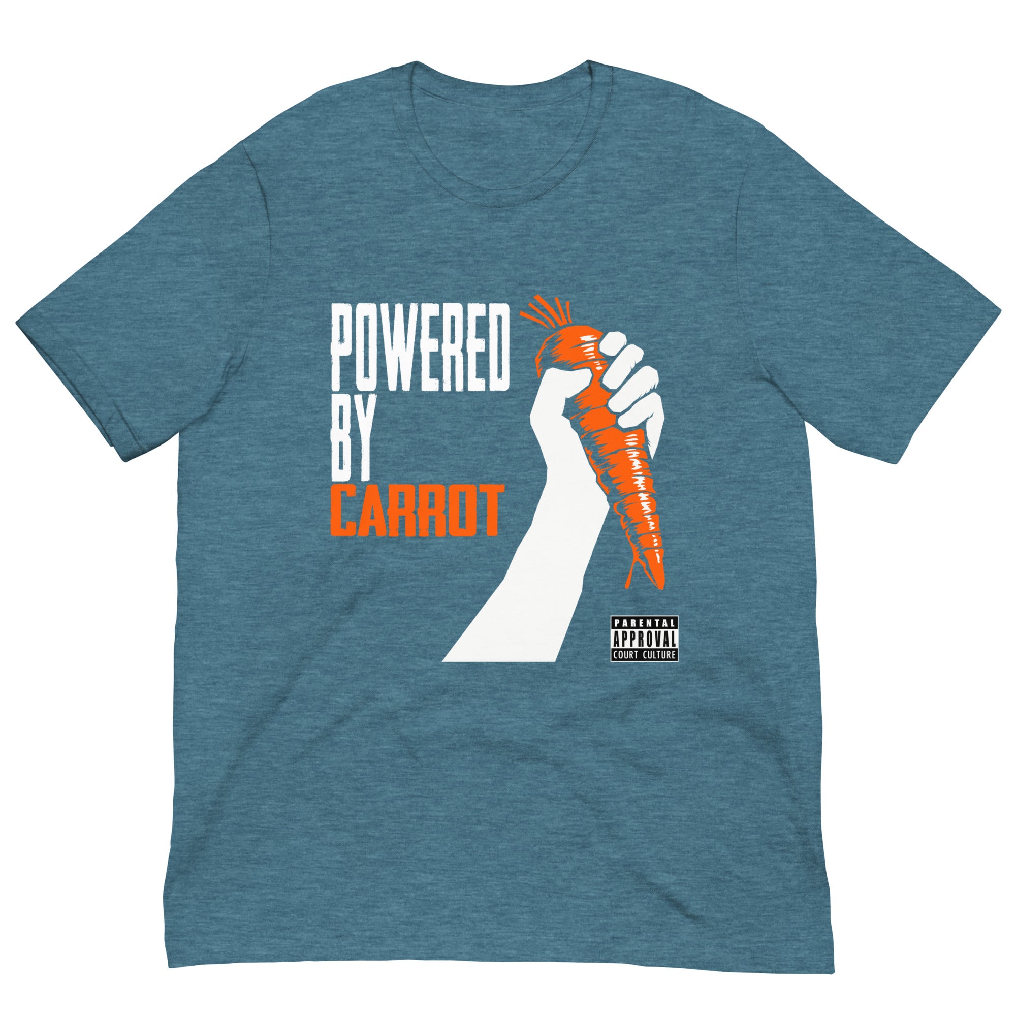 HEATHER DEEP TEAL vintage tee with “Powered by Carrot” hand-and-carrot graphic – front view