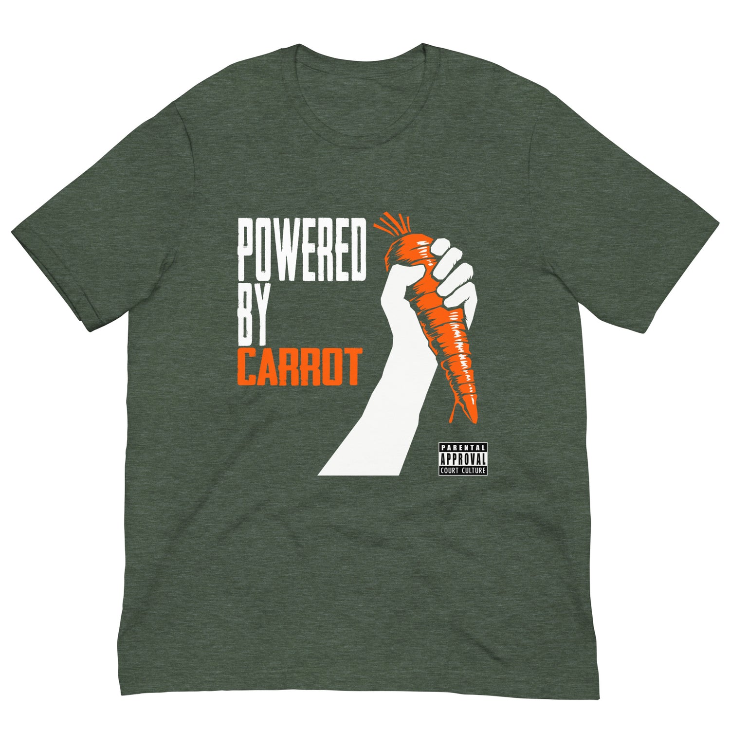 HEATHER FOREST vintage tee with “Powered by Carrot” hand-and-carrot graphic – front view