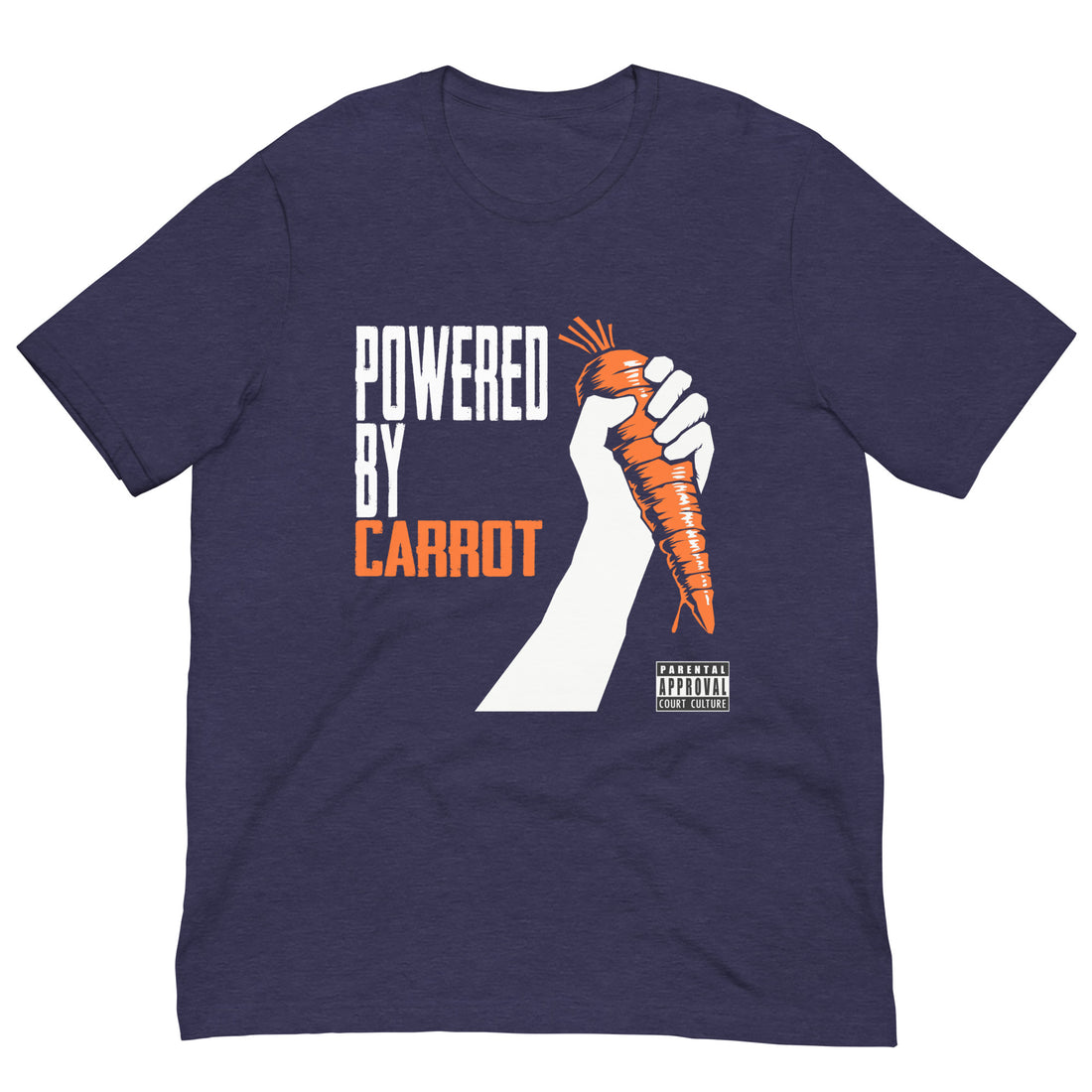 HEATHER MIDNIGHT NAVY vintage tee with “Powered by Carrot” hand-and-carrot graphic – front view