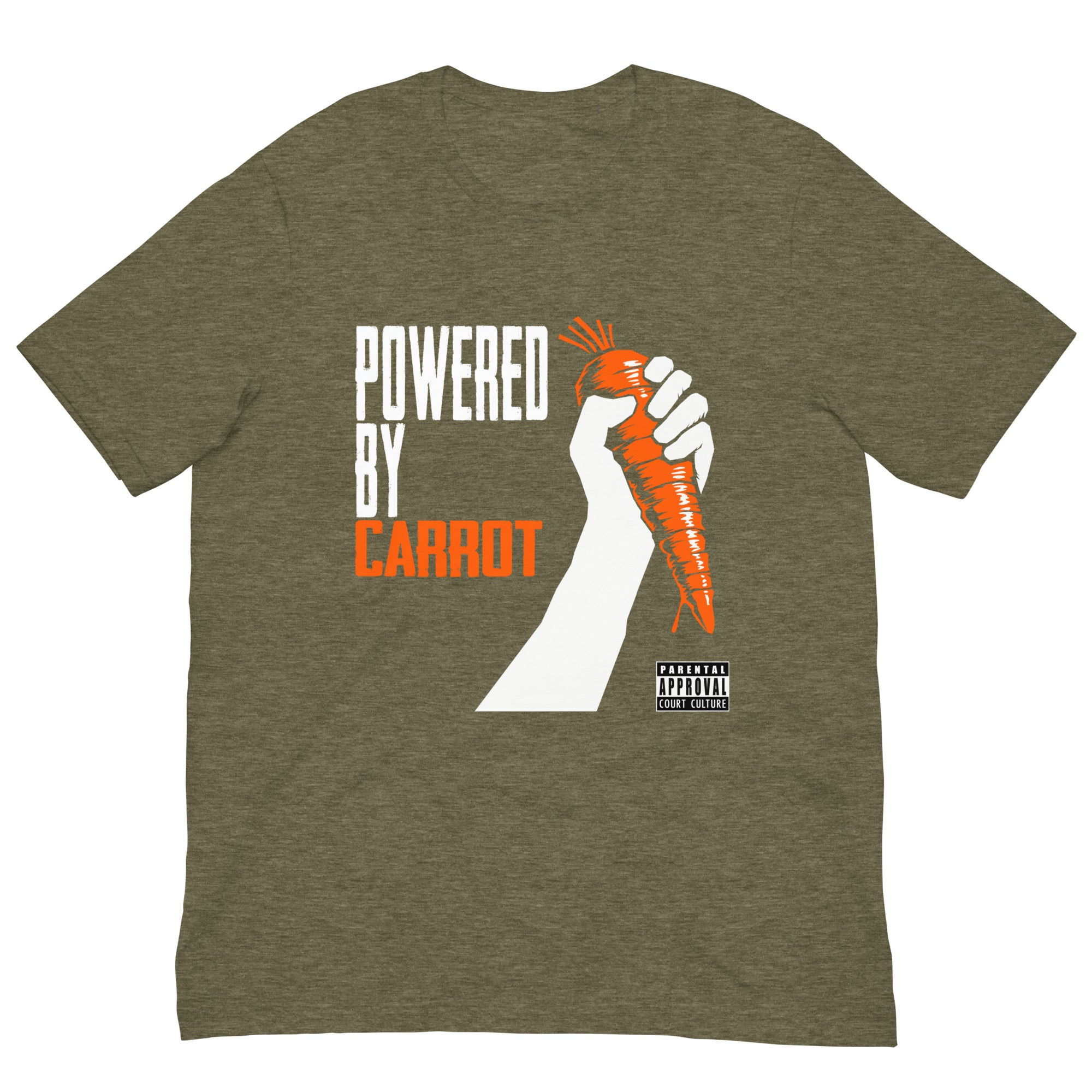 HEATHER OLIVE vintage tee with “Powered by Carrot” hand-and-carrot graphic – front view