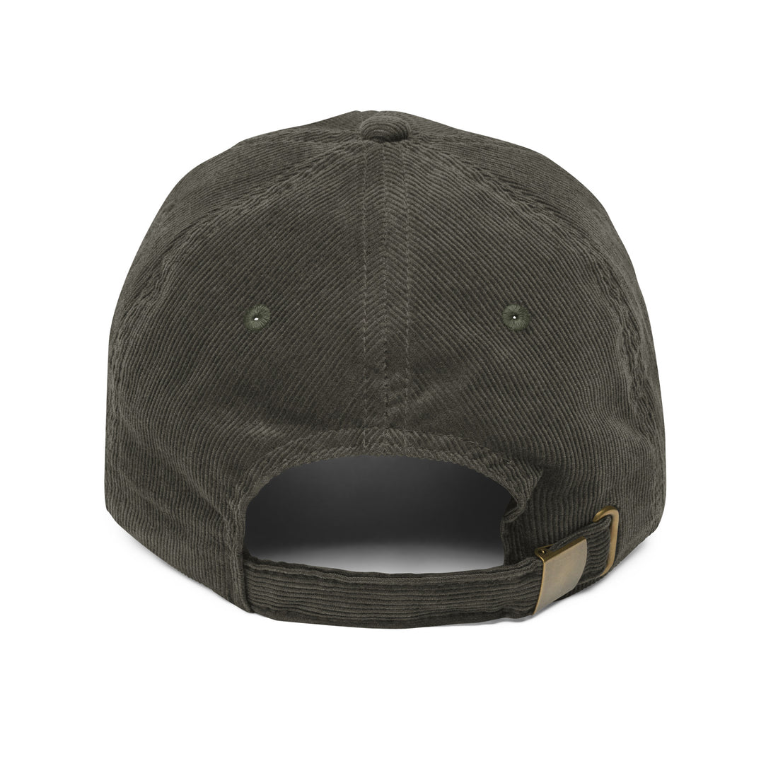 Olive corduroy six-panel cap with adjustable strap and metal buckle – back view